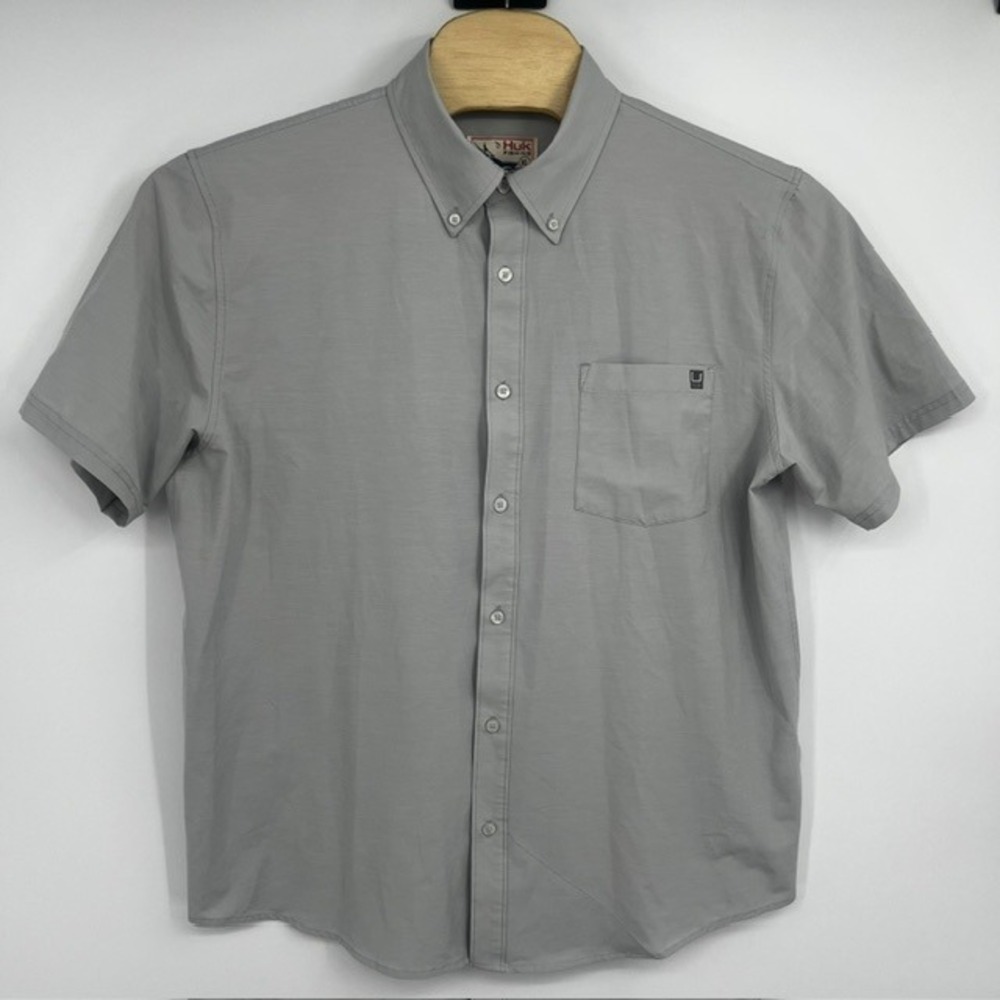 Huk Fishing Men's Grey Short Sleeve Button Down Stretch Pocket Shirt Size XL